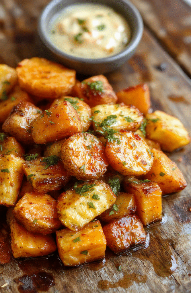 A vibrant plate of roasted sweet potatoes and carrots, sliced into uniform pieces with crispy edges, garnished with fresh herbs, served on a rustic wooden board with a backdrop of a cozy kitchen setting, highlighting their caramelized textures and colorful presentation.
