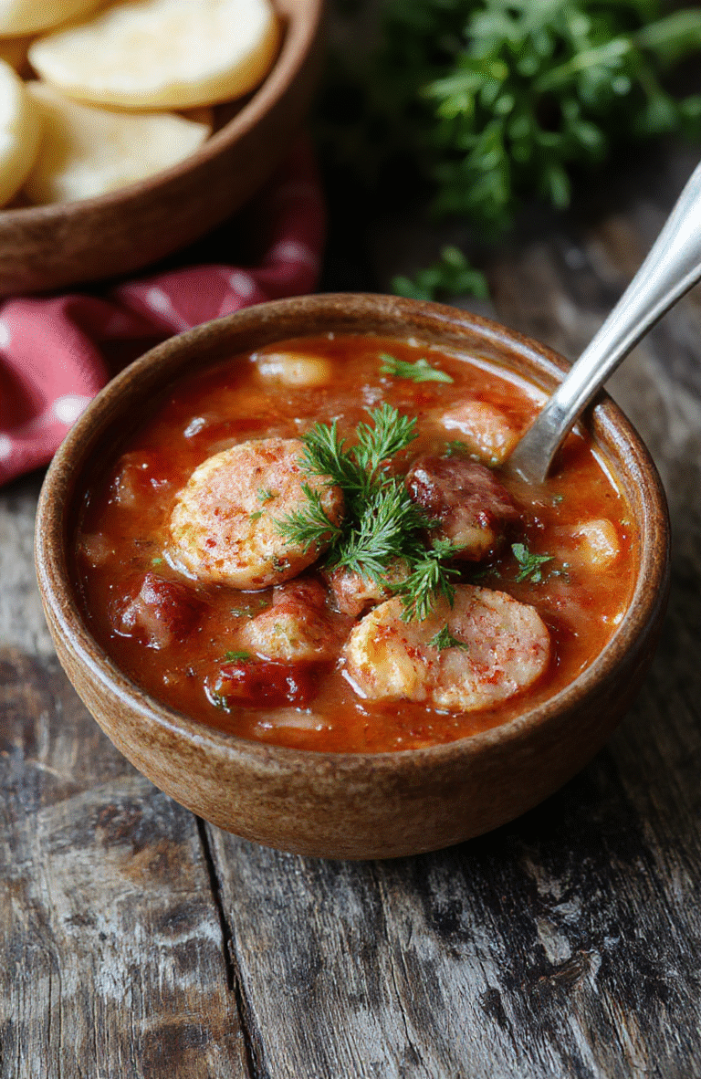 A vibrant bowl of hearty kielbasa soup featuring slices of browned kielbasa sausage, chopped vegetables like carrots, celery, and potatoes in a rich broth, garnished with fresh herbs, presented on a rustic wooden table with a spoon and a bread roll nearby.