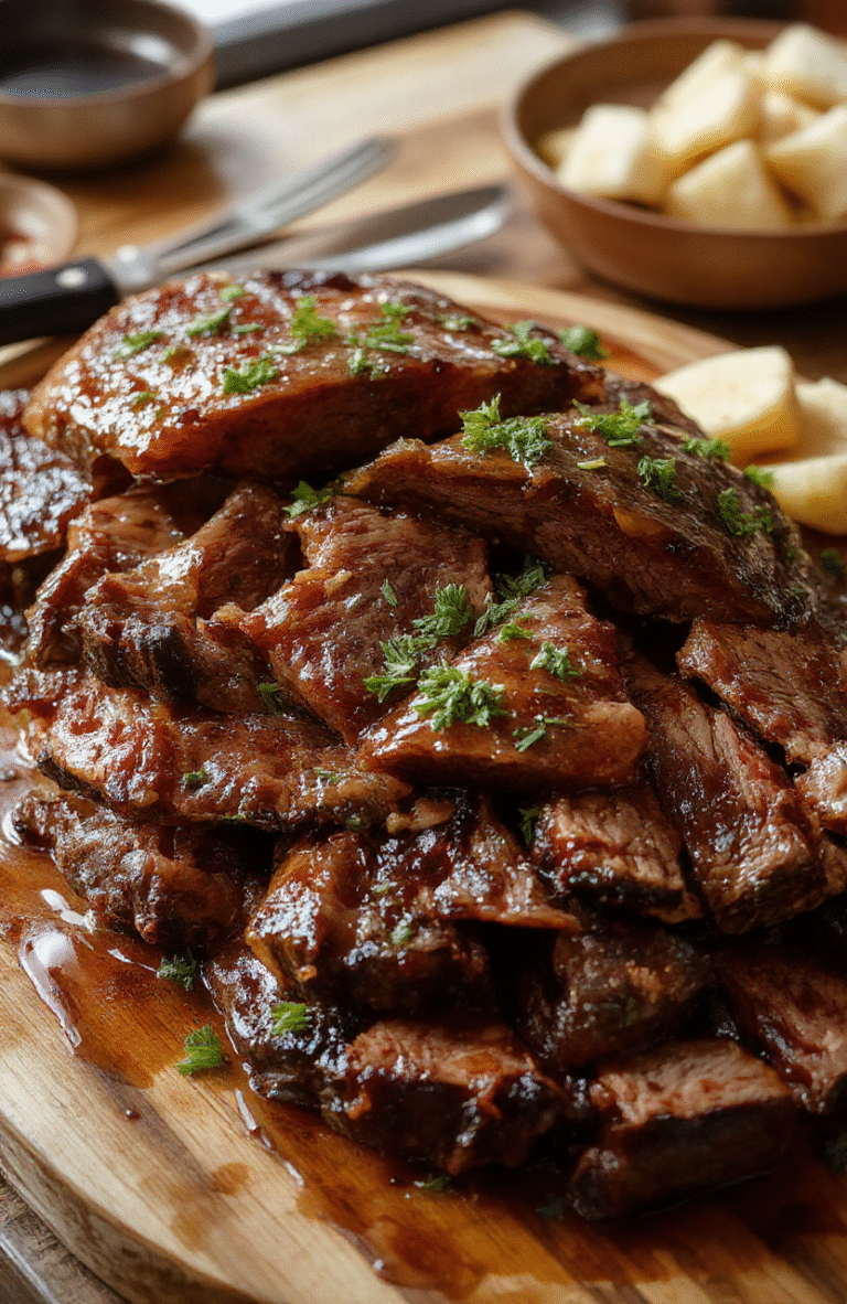 A beautifully glazed honey baked beef roast with a golden crispy crust, tender meat sliced to reveal succulent interior, garnished with fresh herbs on a rustic wooden platter, with honey drizzle and roasted vegetables around.