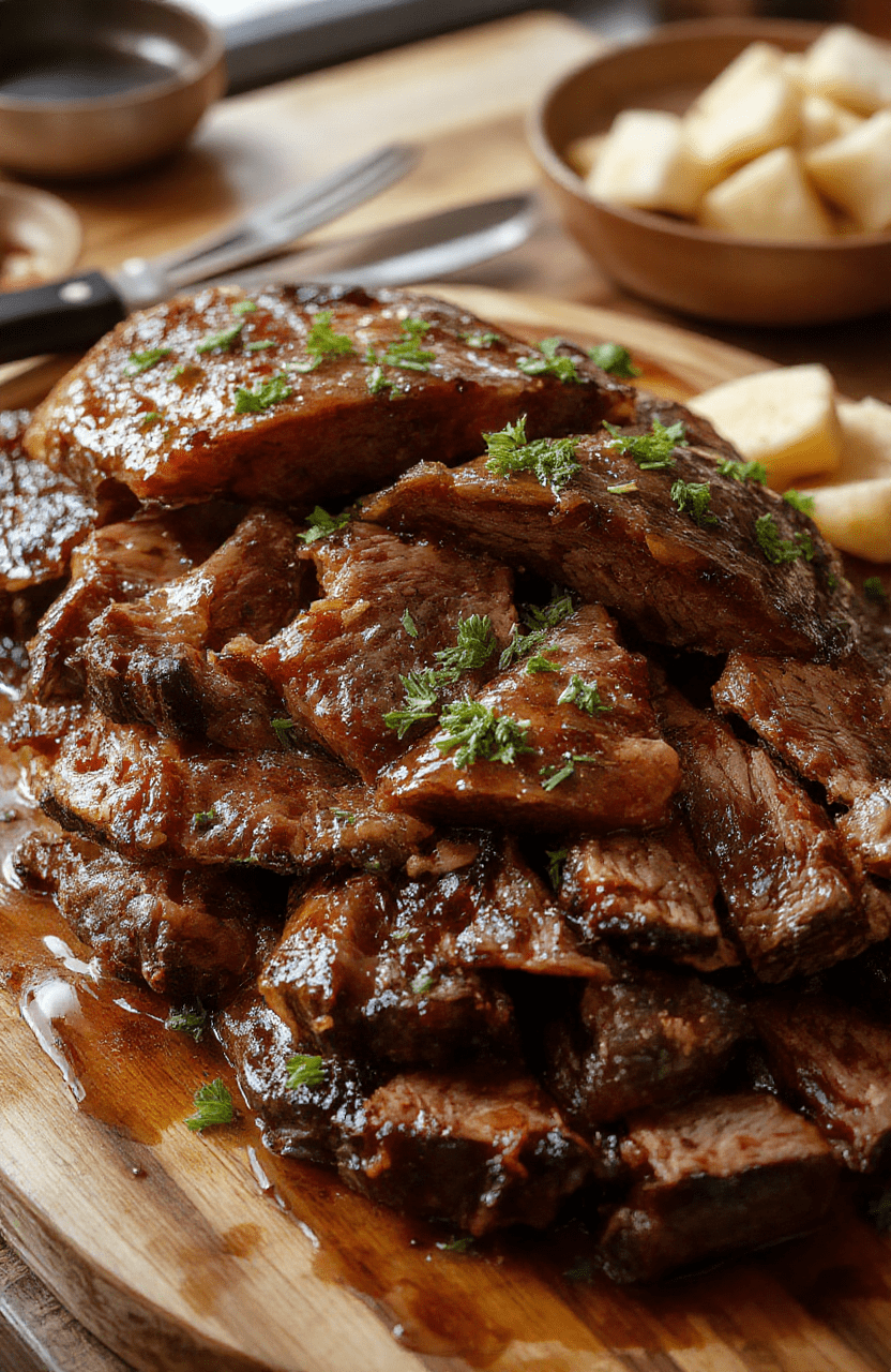 A beautifully glazed honey baked beef roast with a golden crispy crust, tender meat sliced to reveal succulent interior, garnished with fresh herbs on a rustic wooden platter, with honey drizzle and roasted vegetables around.