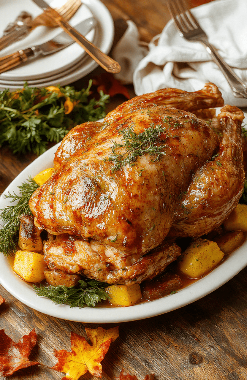 A golden-brown, succulent roast turkey garnished with fresh herbs on a white platter, surrounded by vibrant autumn vegetables and garnishes, styled with festive linens