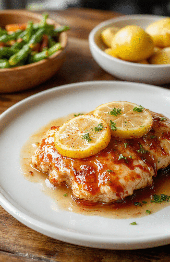 A vibrant plate of lemon honey glazed chicken featuring golden-brown crispy chicken breasts topped with a glossy lemon honey glaze. Garnished with fresh lemon slices and herbs, the dish is elegantly plated on a white ceramic plate, with a backdrop of fresh lemons, honey, and herbs. The textures of the crispy chicken and smooth glaze create an inviting, appetizing look, styled simply yet attractively.