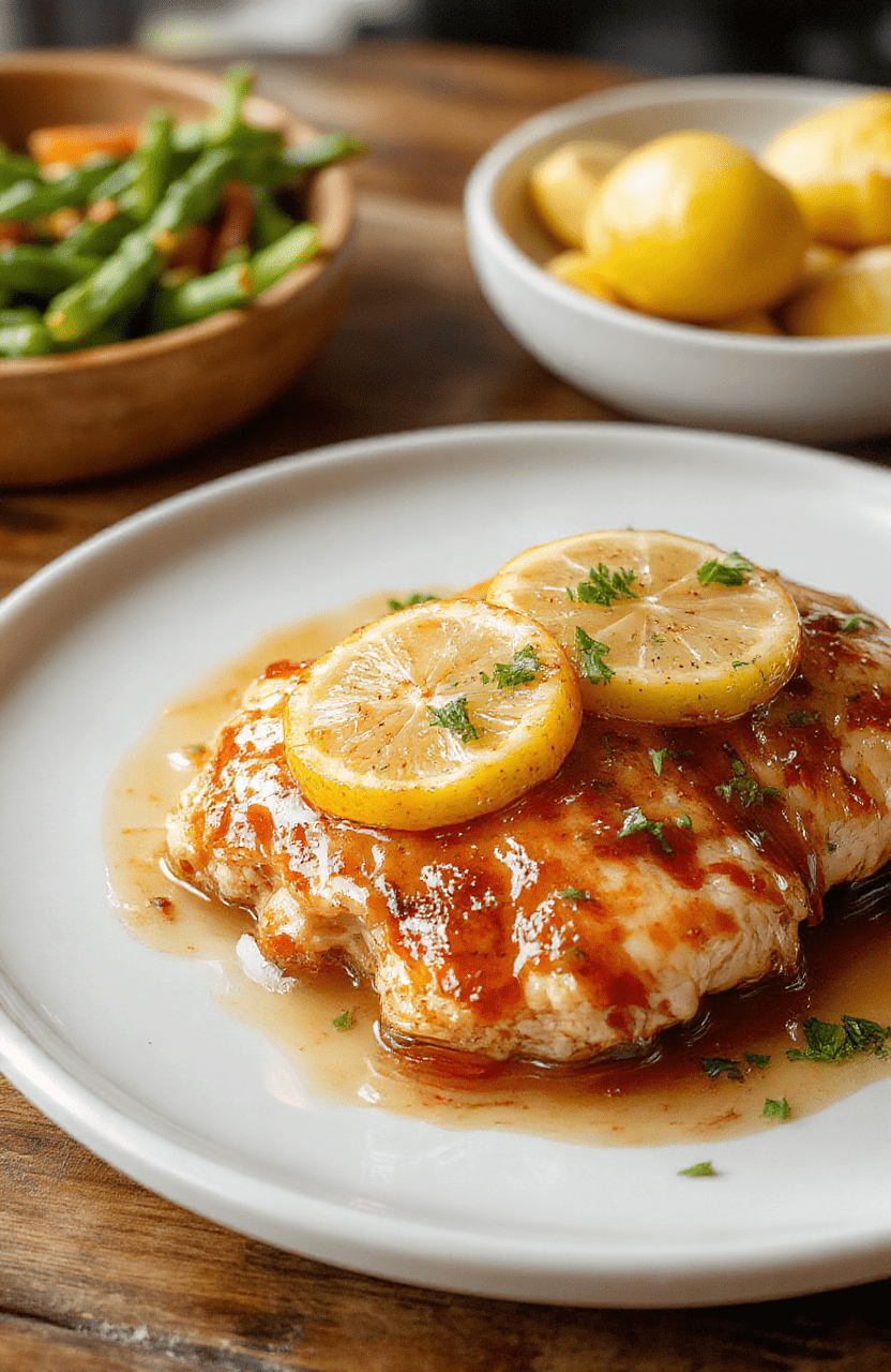 A vibrant plate of lemon honey glazed chicken featuring golden-brown crispy chicken breasts topped with a glossy lemon honey glaze. Garnished with fresh lemon slices and herbs, the dish is elegantly plated on a white ceramic plate, with a backdrop of fresh lemons, honey, and herbs. The textures of the crispy chicken and smooth glaze create an inviting, appetizing look, styled simply yet attractively.