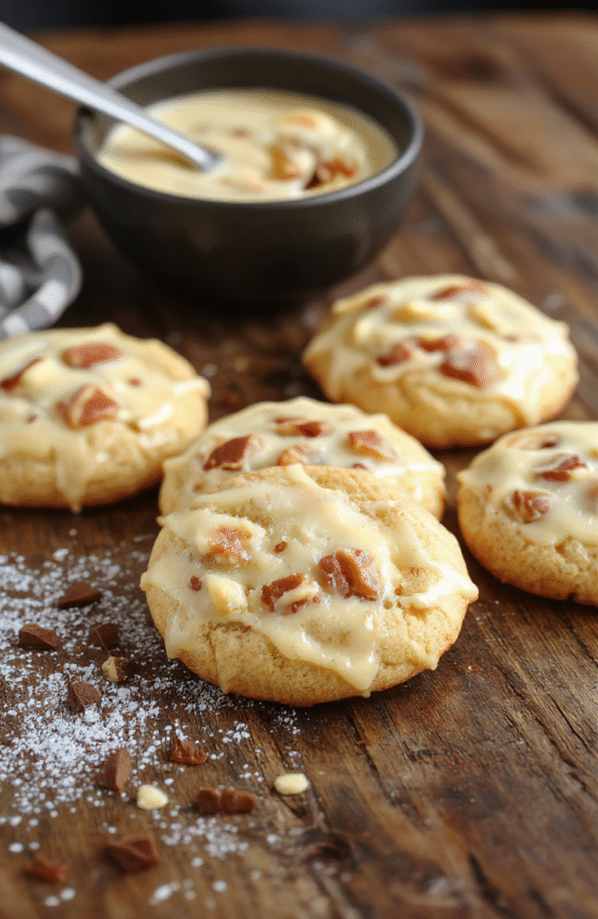 A vibrant plate of Magical Butterbeer Cookies showcasing golden-brown, round, no-bake cookies with a smooth glaze, garnished with tiny edible gold flakes, styled on a rustic wooden surface with scattered cookie crumbs and a hint of whipped cream, emphasizing their creamy texture and enchanting appearance.