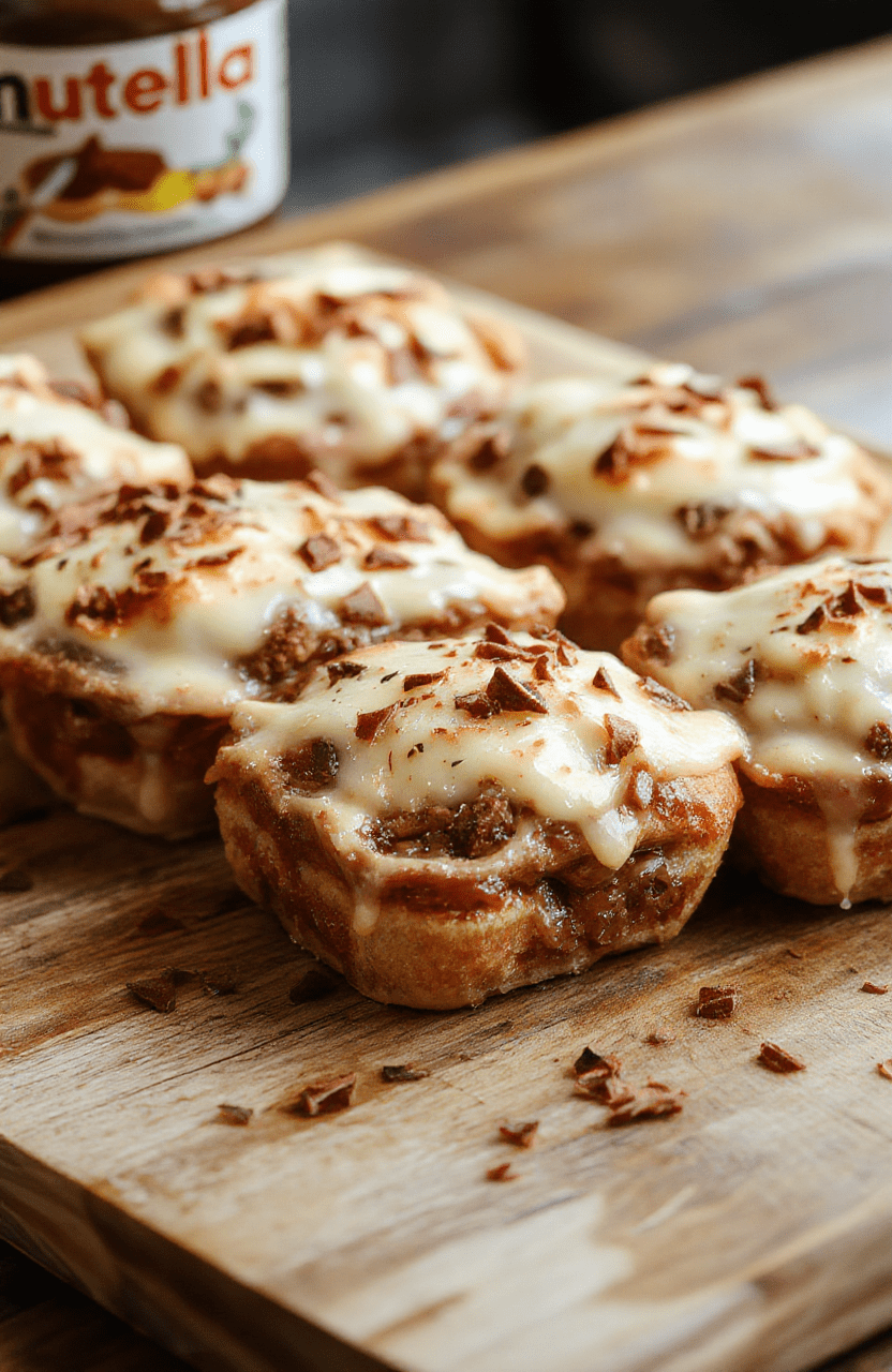 Golden brown Nutella toast pies arranged on a rustic wooden cutting board, drizzled with melted chocolate and dusted with powdered sugar, with a flaky crust and rich Nutella filling visible through a slight opening, styled simply with a few hazelnuts and fresh berries for a colorful contrast.