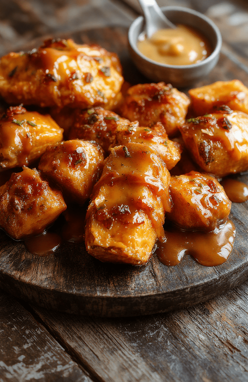 Colorful glazed candied yams arranged on a white ceramic plate with caramel sauce drizzled over the top, garnished with toasted marshmallows and chopped pecans, styled with a rustic wooden background, emphasizing the glossy textures and warm autumn tones.