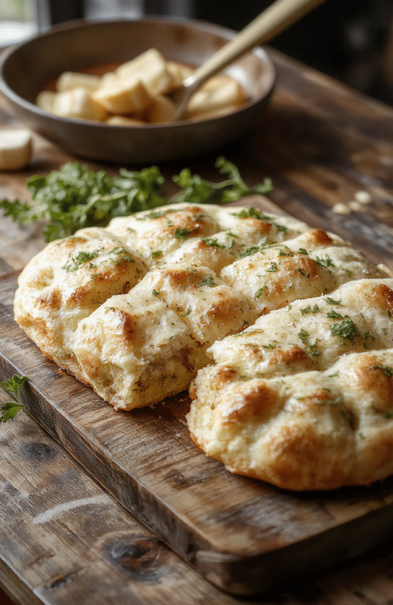 A golden-brown, fluffy garlic focaccia bread with bubbling edges, topped with fresh herbs and thin slices of garlic, served on a rustic wooden board, with a drizzle of olive oil and a sprinkle of sea salt, styled with a clean, minimal background, highlighting its soft and airy texture and savory toppings.