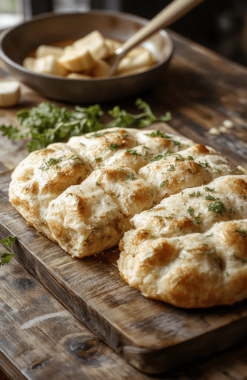 A golden-brown, fluffy garlic focaccia bread with bubbling edges, topped with fresh herbs and thin slices of garlic, served on a rustic wooden board, with a drizzle of olive oil and a sprinkle of sea salt, styled with a clean, minimal background, highlighting its soft and airy texture and savory toppings.