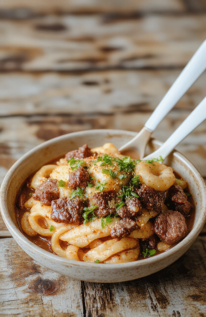 A colorful bowl of Mongolian ground beef noodles featuring tender beef crumbles, glossy sauce, vibrant green scallions, and perfectly cooked noodles, styled in a rustic white bowl on a wooden surface with fresh ingredients around.