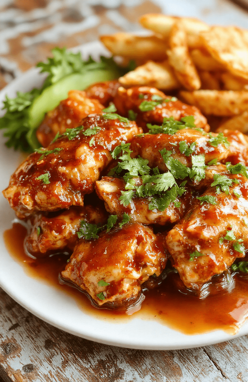 Bright glazed sweet chili chicken served atop a white plate, garnished with chopped scallions and sesame seeds, with vibrant red and orange chili sauce coating the crispy chicken pieces, styled casually on a rustic wooden table.