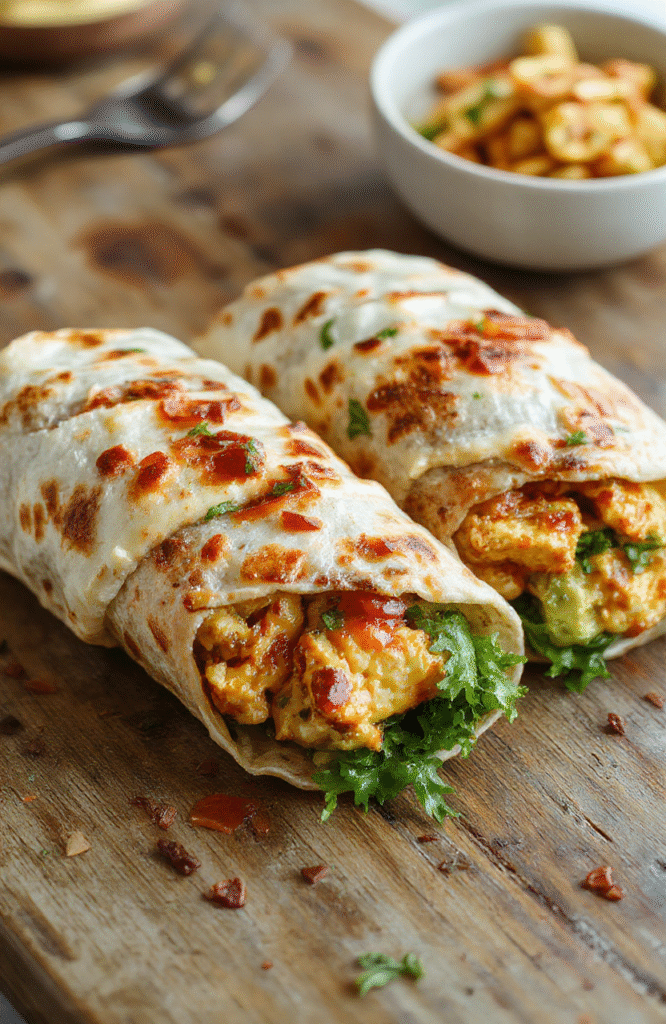 Colorful plate of sweet chili chicken wraps with crispy textures, glazed chicken pieces, fresh green lettuce, and vibrant red sauce, styled simply on a neutral background.