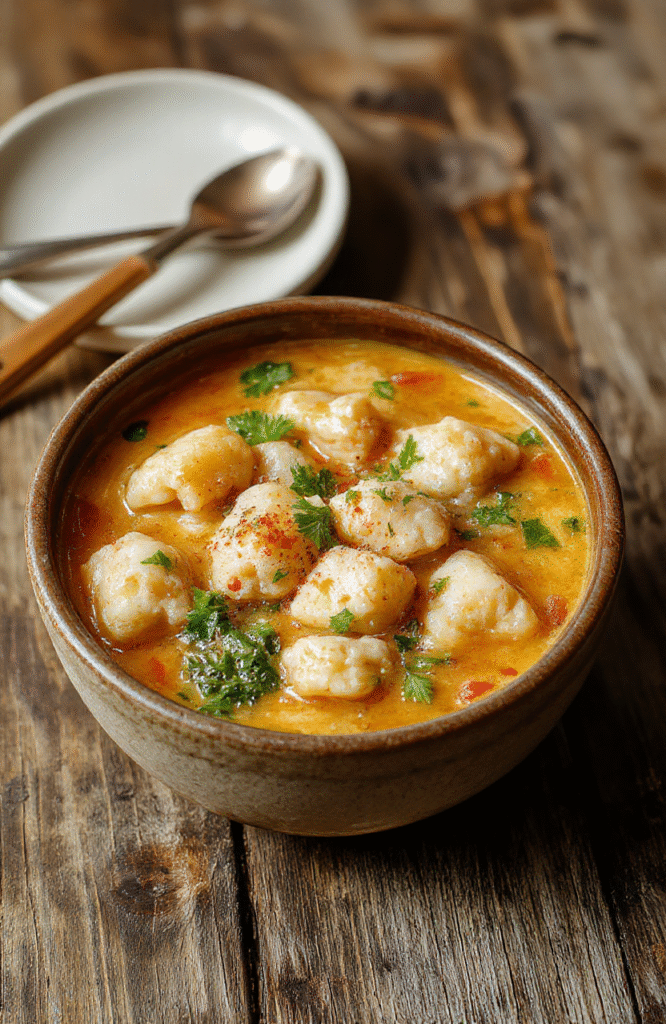 A vibrant bowl of chicken dumpling soup showcasing plump dumplings, shredded chicken, fresh herbs, and a clear broth, all beautifully arranged on a rustic wooden table with steam rising, styled with a spoon and a sprig of parsley for an inviting look.