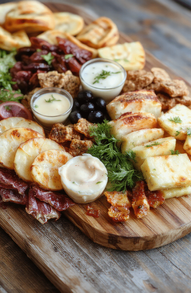 A colorful charcuterie board featuring an assortment of cheeses, cured meats, fresh fruits, nuts, and crackers, artfully arranged on a wooden platter with vibrant garnishes. The toppings include slices of salami, cheddar, brie, and grapes, with a scattered mix of almonds and olives, styled for a casual yet sophisticated presentation.