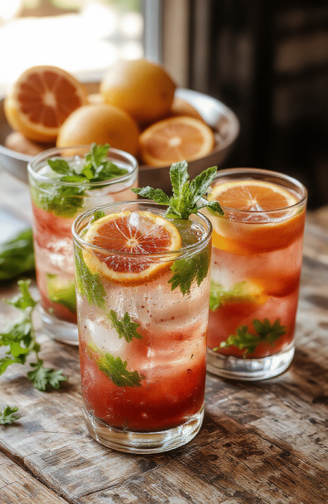 A vibrant glass of blood orange mojito garnished with fresh mint leaves and a slice of blood orange, served on a rustic wooden table with additional blood oranges and mint sprigs around, colorful and inviting with a frosty, bubbly appearance.