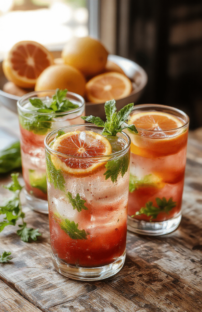 A vibrant glass of blood orange mojito garnished with fresh mint leaves and a slice of blood orange, served on a rustic wooden table with additional blood oranges and mint sprigs around, colorful and inviting with a frosty, bubbly appearance.