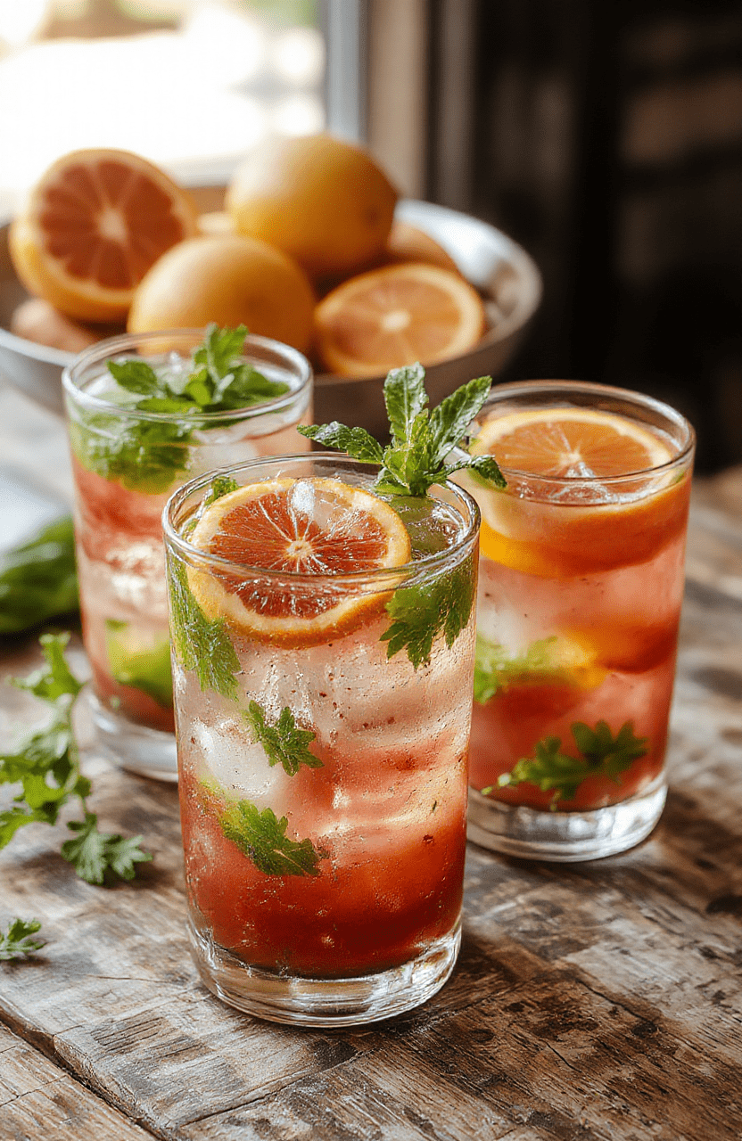 A vibrant glass of blood orange mojito garnished with fresh mint leaves and a slice of blood orange, served on a rustic wooden table with additional blood oranges and mint sprigs around, colorful and inviting with a frosty, bubbly appearance.