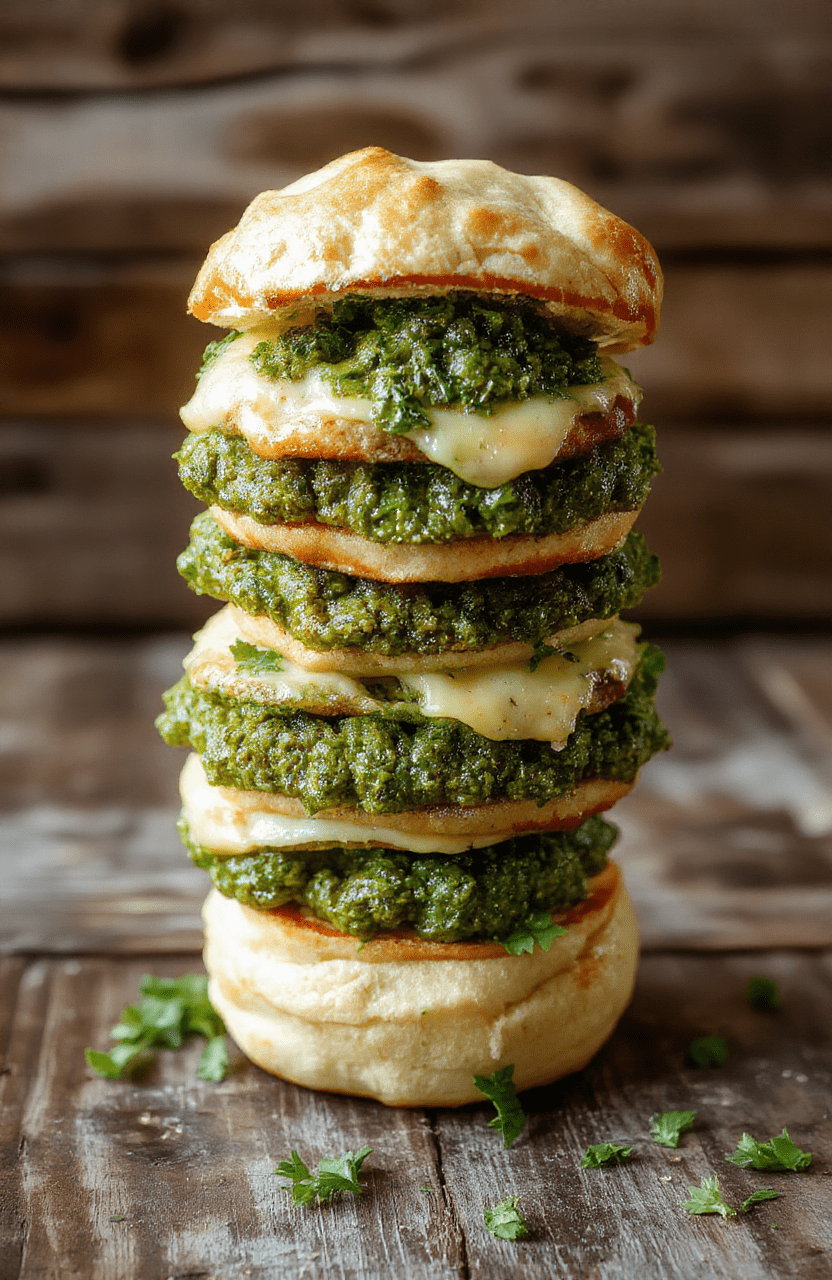 A golden-brown puff pastry tree intricately shaped with vibrant green basil pesto visible between flaky layers, topped with melting cheese and fresh herbs, served on a rustic wooden board with a hint of greenery for garnish, highlighting textures and rich colors.