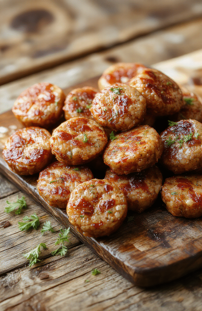 Colorful savory sausage bites arranged neatly on a white plate, golden-brown exterior, flaky crust visible, garnished with chopped herbs, styled on a rustic wooden board with a soft focus background.