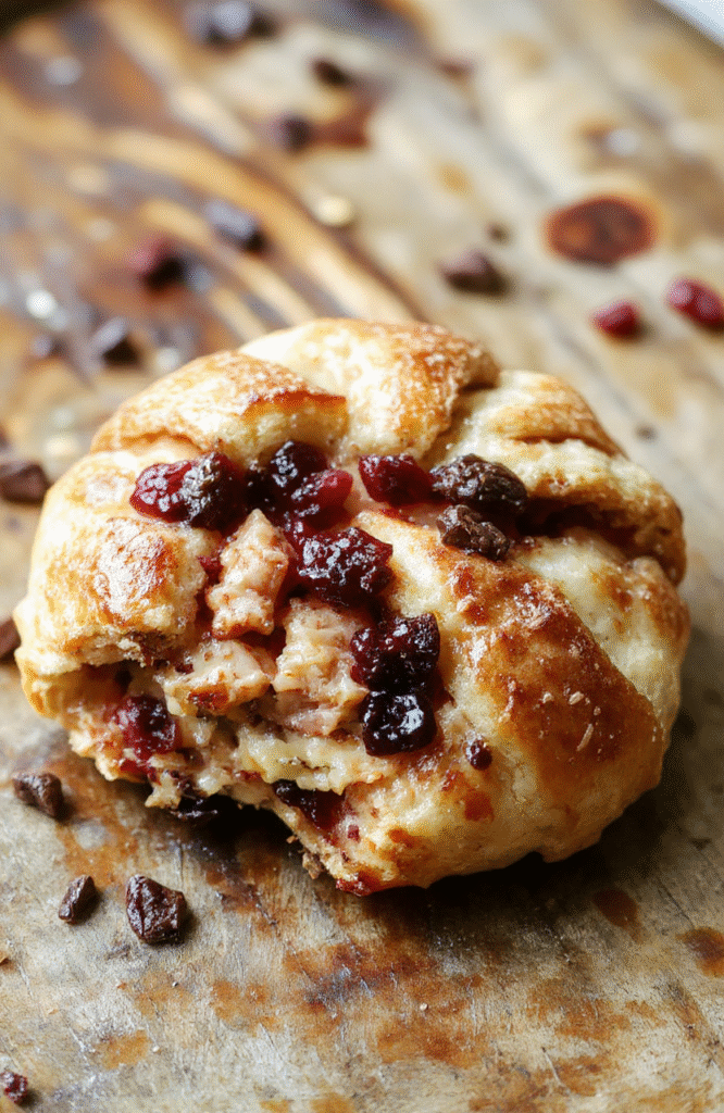 A beautifully arranged crescent ring filled with cooked turkey, vibrant cranberry sauce, melted cheese, and fresh herbs, steam rising from the warm dish, presented on a rustic wooden board with a festive holiday backdrop, showcasing rich textures and colorful ingredients.