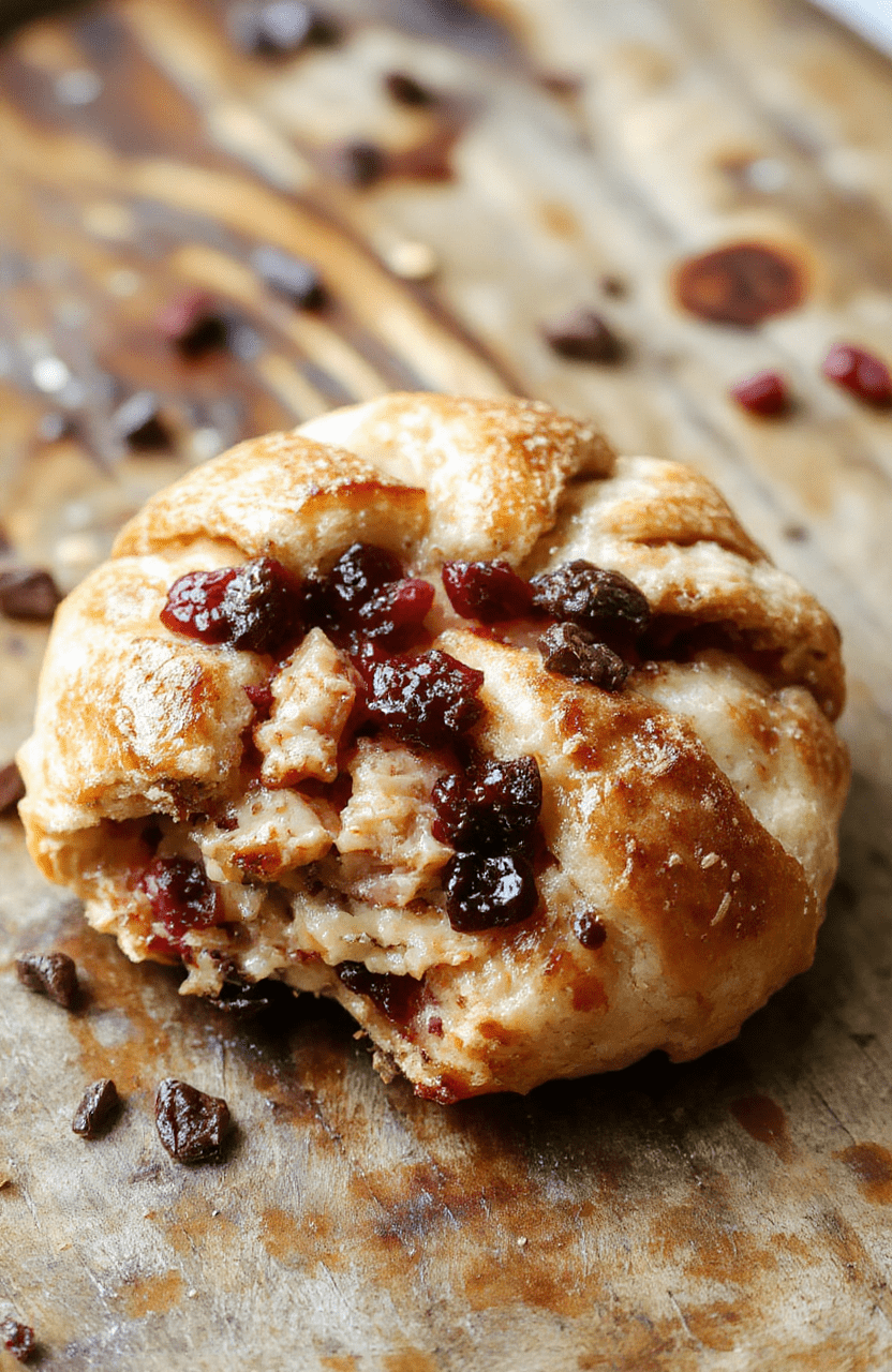 A beautifully arranged crescent ring filled with cooked turkey, vibrant cranberry sauce, melted cheese, and fresh herbs, steam rising from the warm dish, presented on a rustic wooden board with a festive holiday backdrop, showcasing rich textures and colorful ingredients.