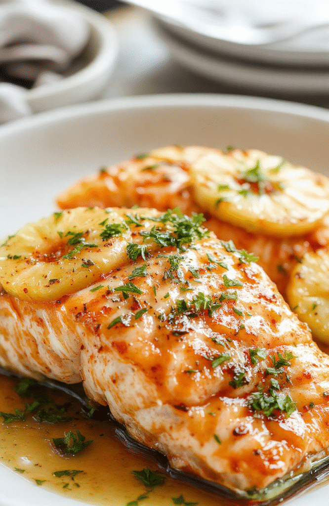 A beautifully plated baked salmon fillet topped with caramelized pineapple chunks, garnished with herbs, served on a white plate with a colorful side of vegetables, highlighting the glossy glaze and juicy fruit, styled minimally for a fresh and inviting presentation.