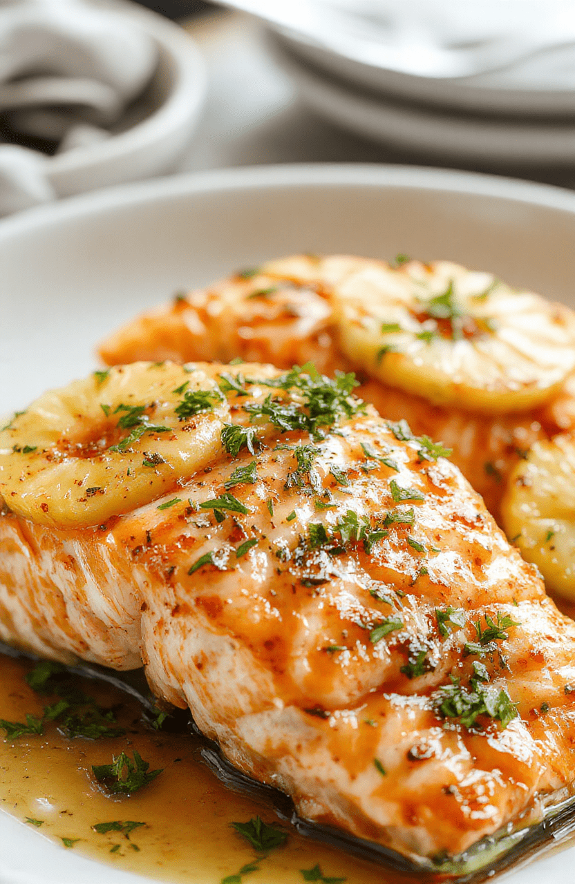 A beautifully plated baked salmon fillet topped with caramelized pineapple chunks, garnished with herbs, served on a white plate with a colorful side of vegetables, highlighting the glossy glaze and juicy fruit, styled minimally for a fresh and inviting presentation.