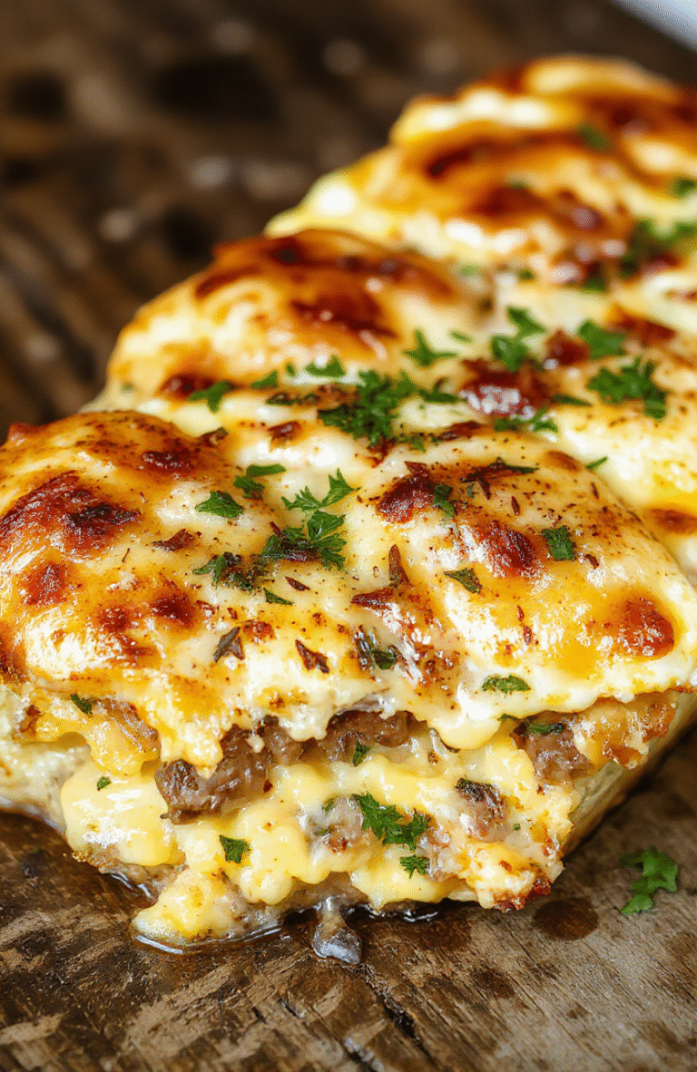 A delicious sausage egg casserole sliced and plated on a white dish. The casserole features golden-brown edges, fluffy eggs, melted cheese, and crumbled sausage, garnished with fresh herbs. The presentation is inviting, set on a rustic wooden table with natural daylight highlighting the textures and colors.