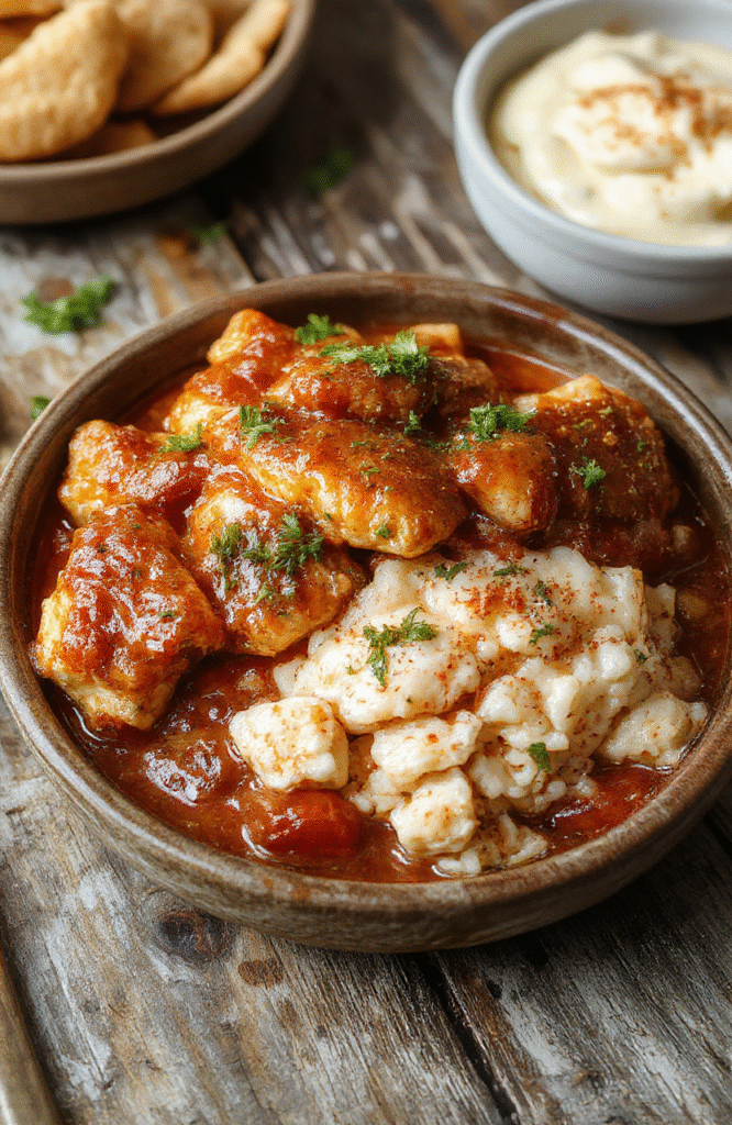 A vibrant plated dish of smothered chicken and rice featuring golden-brown chicken breasts topped with rich gravy, alongside fluffy white rice and colorful vegetables, styled simply on a rustic wooden board with natural daylight highlighting textures.
