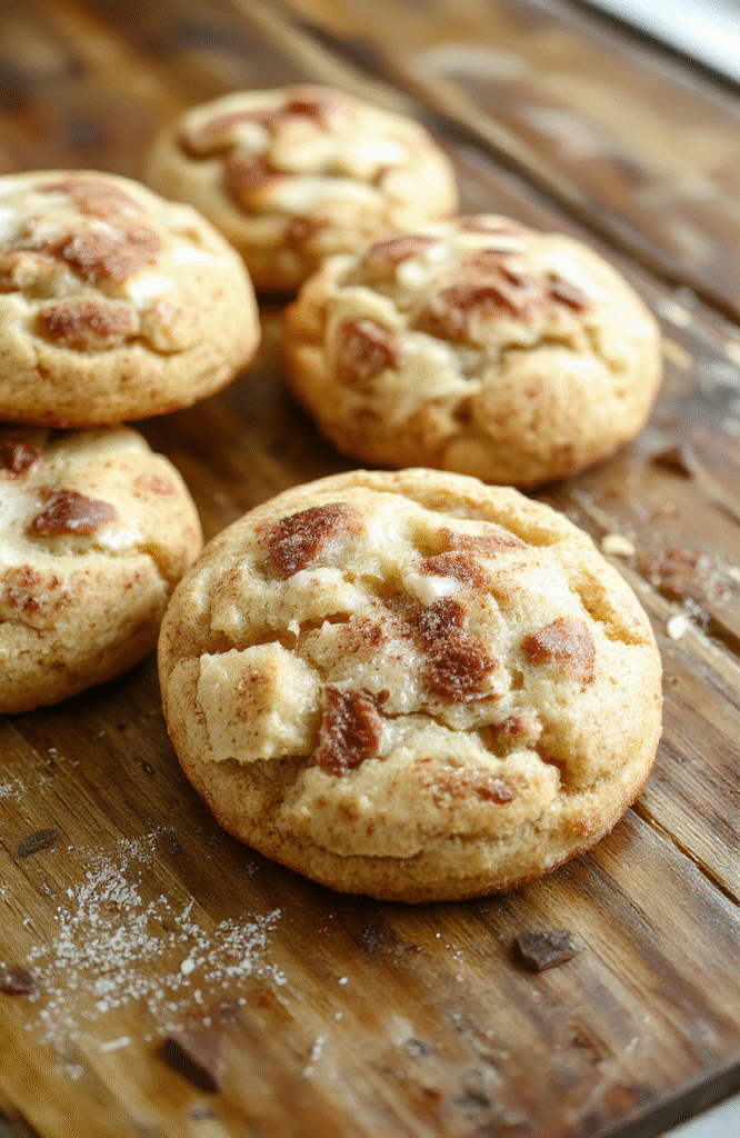 A close-up of golden-brown soft and chewy snickerdoodle cookies sprinkled generously with cinnamon sugar, resting on a rustic wooden platter styled with cinnamon sticks and a scattering of cinnamon powder, highlighting their crackly tops and chewy centers.