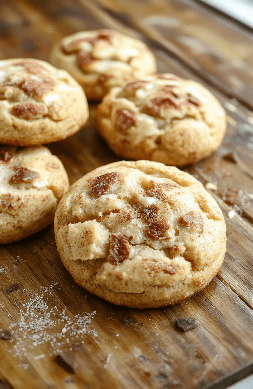 A close-up of golden-brown soft and chewy snickerdoodle cookies sprinkled generously with cinnamon sugar, resting on a rustic wooden platter styled with cinnamon sticks and a scattering of cinnamon powder, highlighting their crackly tops and chewy centers.