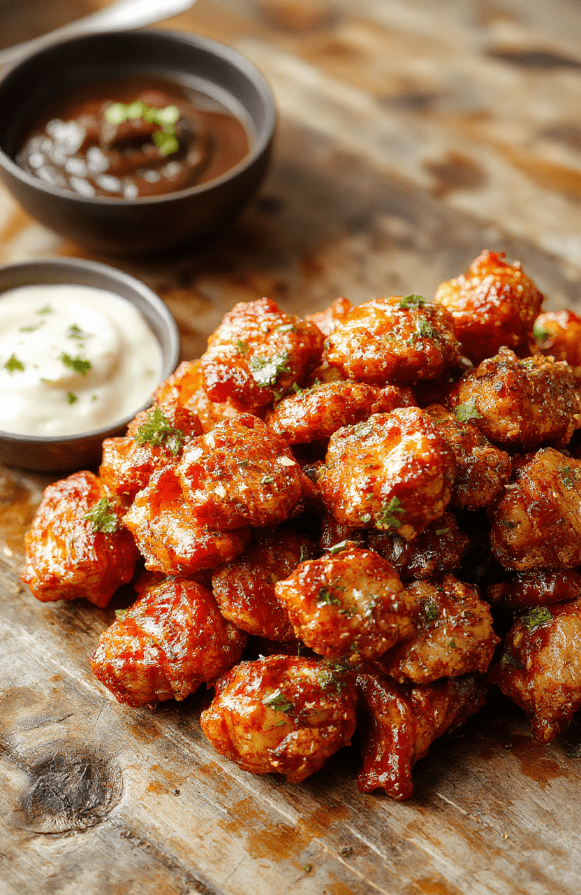 Colorful spicy chicken dish plated beautifully with a glossy glaze, garnished with green herbs and sliced red chilies on a rustic wooden board, textures of crispy chicken skin contrasted with vibrant sauce and fresh toppings.