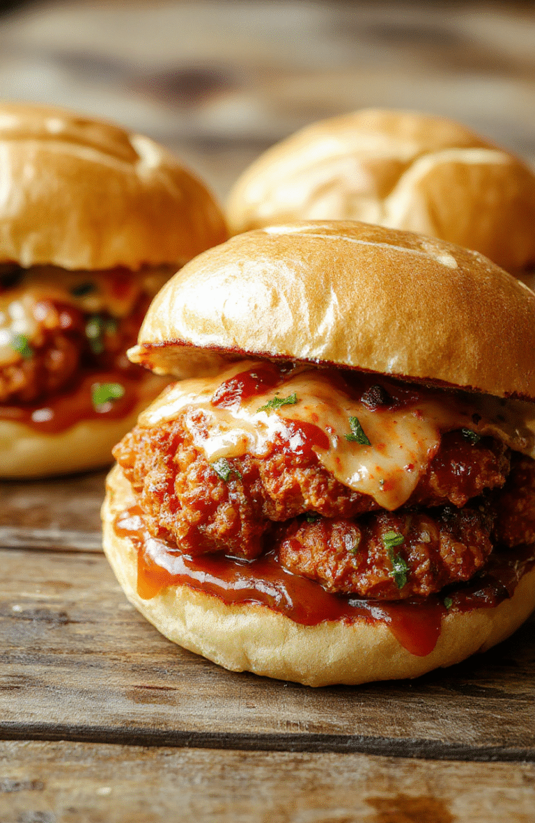 A vibrant plate featuring crispy fried chicken coated in fiery orange Nashville hot sauce, topped with creamy coleslaw, served on a toasted bun, with a side of dill pickles. The textures range from crispy chicken to soft buns with a glossy sauce layer, styled on a rustic wooden surface, garnished with sliced jalapenos and fresh herbs, creating a bold and inviting presentation.