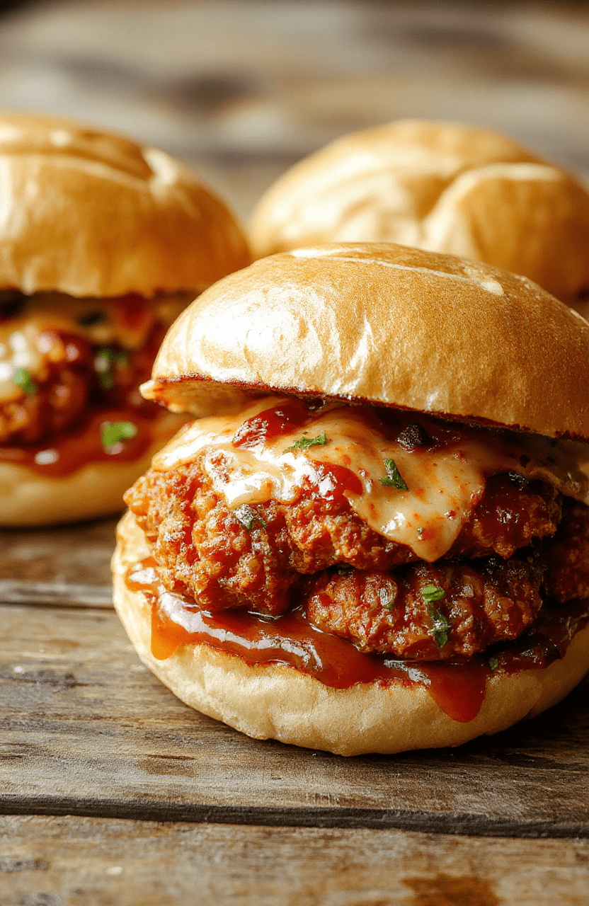 A vibrant plate featuring crispy fried chicken coated in fiery orange Nashville hot sauce, topped with creamy coleslaw, served on a toasted bun, with a side of dill pickles. The textures range from crispy chicken to soft buns with a glossy sauce layer, styled on a rustic wooden surface, garnished with sliced jalapenos and fresh herbs, creating a bold and inviting presentation.