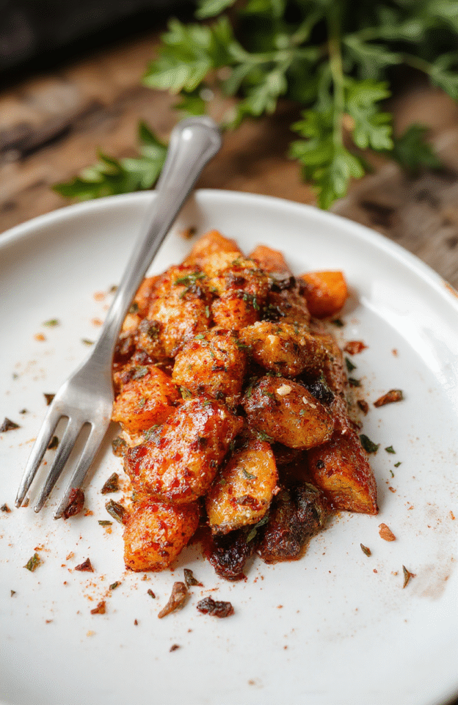 Colorful roasted carrots glazed with spices, topped with crispy chickpeas, served on a rustic white plate, garnished with fresh herbs, with a vibrant and textured presentation.