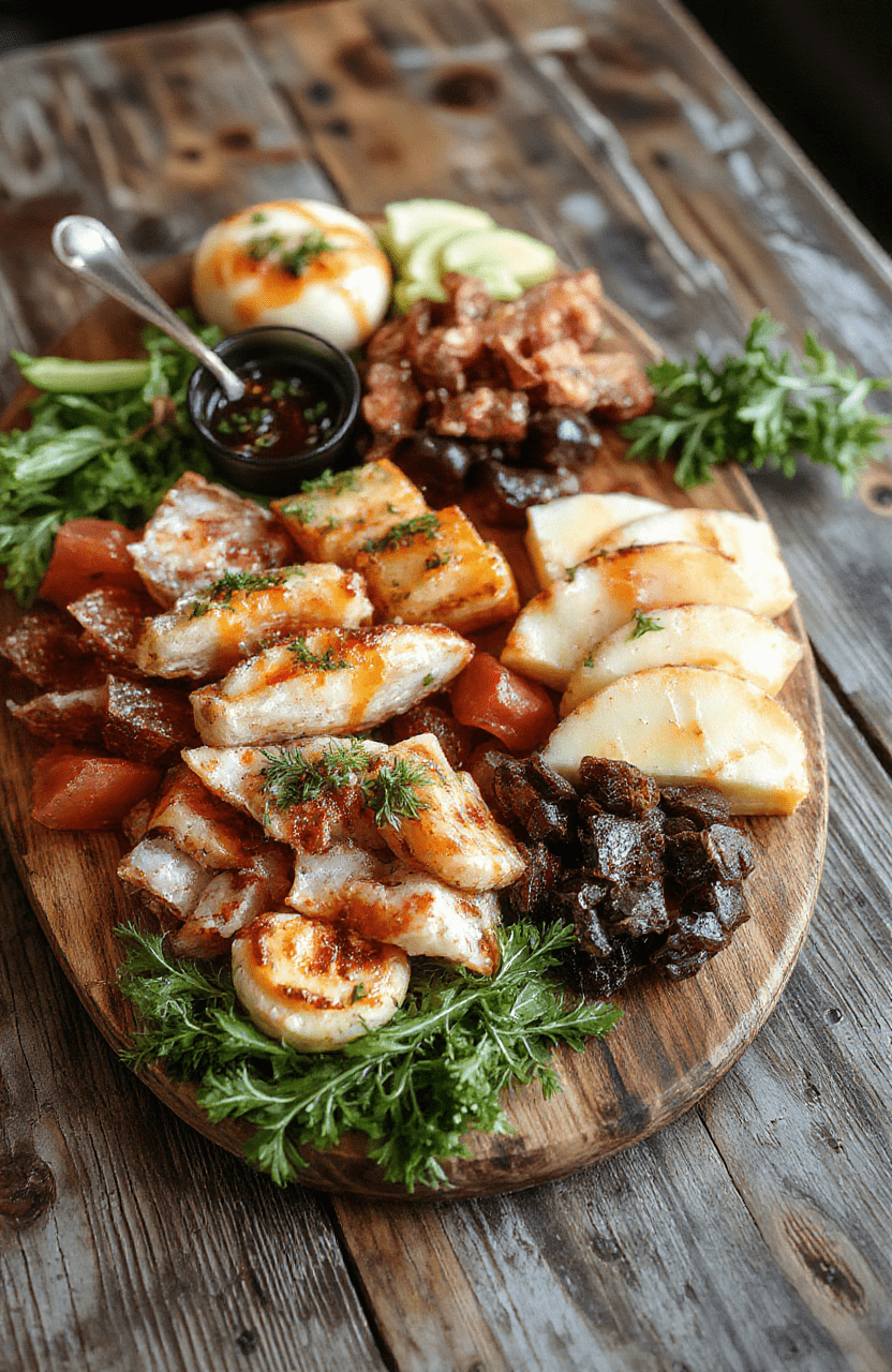 An elegant charcuterie board featuring a colorful array of cured meats, assorted cheeses, fresh fruits, nuts, crackers, and garnishes, artfully arranged on a rustic wooden platter with a vibrant, inviting presentation, styled for a party setting.