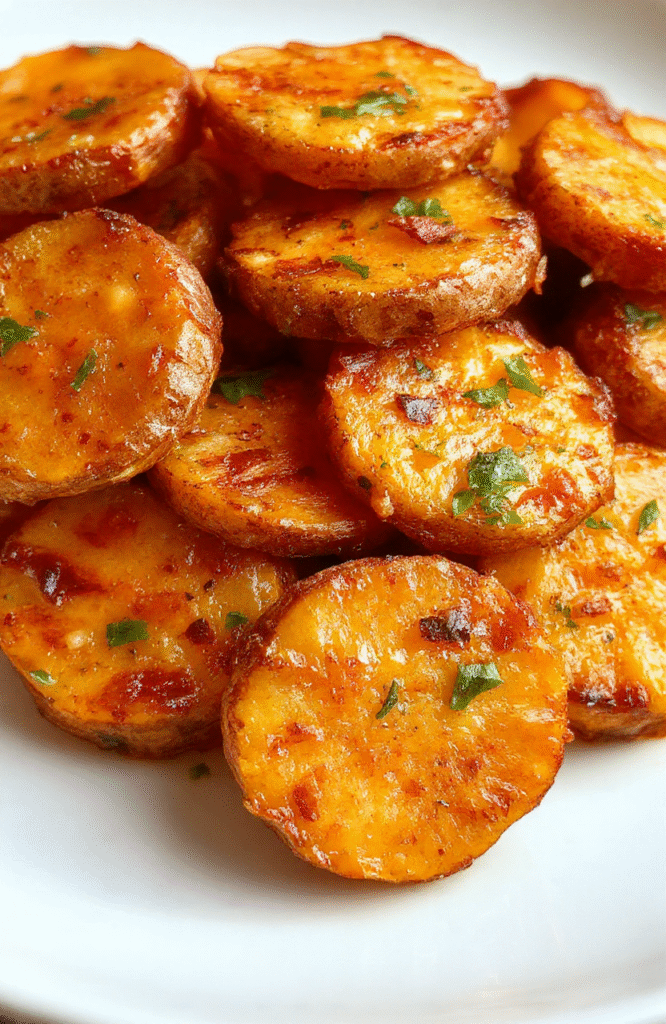 Colorful sweet potato rounds arranged on a rustic white plate, topped with herbs and a drizzle of olive oil, showcasing golden edges and tender textures, styled simply with a neutral placemat and natural daylight.