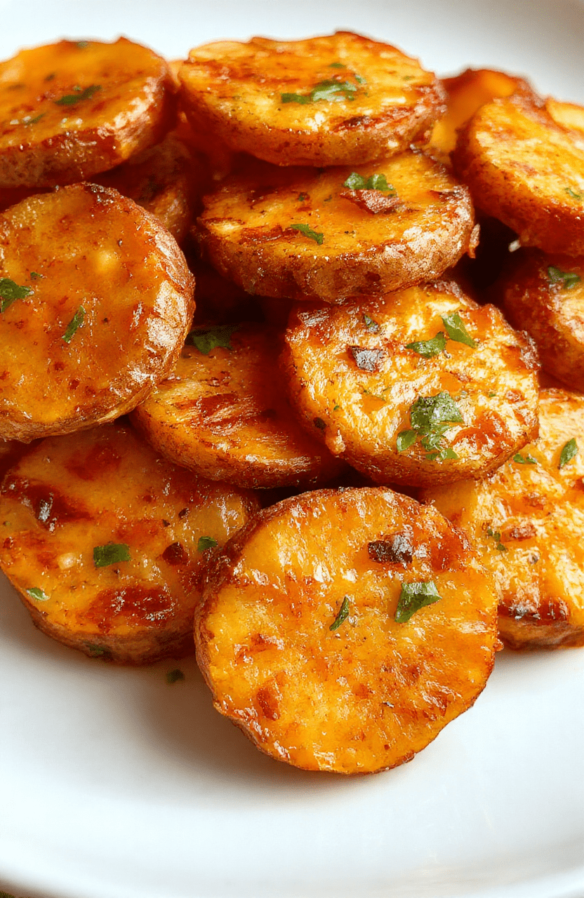 Colorful sweet potato rounds arranged on a rustic white plate, topped with herbs and a drizzle of olive oil, showcasing golden edges and tender textures, styled simply with a neutral placemat and natural daylight.