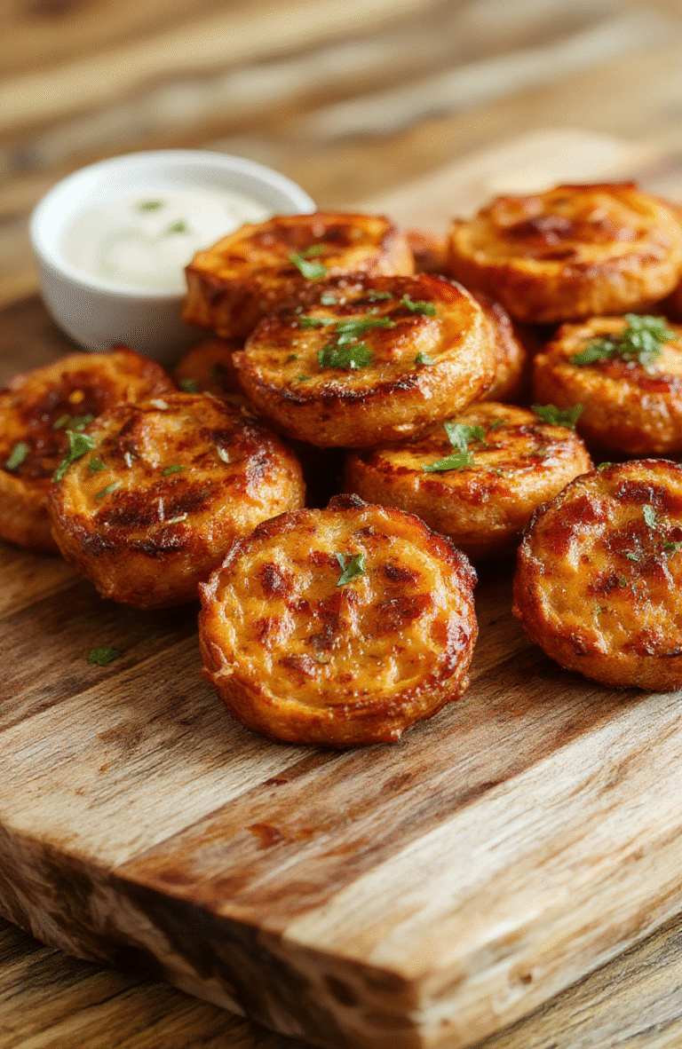 Colorful sweet potato rounds arranged on a rustic wooden platter, topped with green herbs and spices, crispy edges with tender centers, vibrant orange and green hues, styled with minimalistic garnishes.