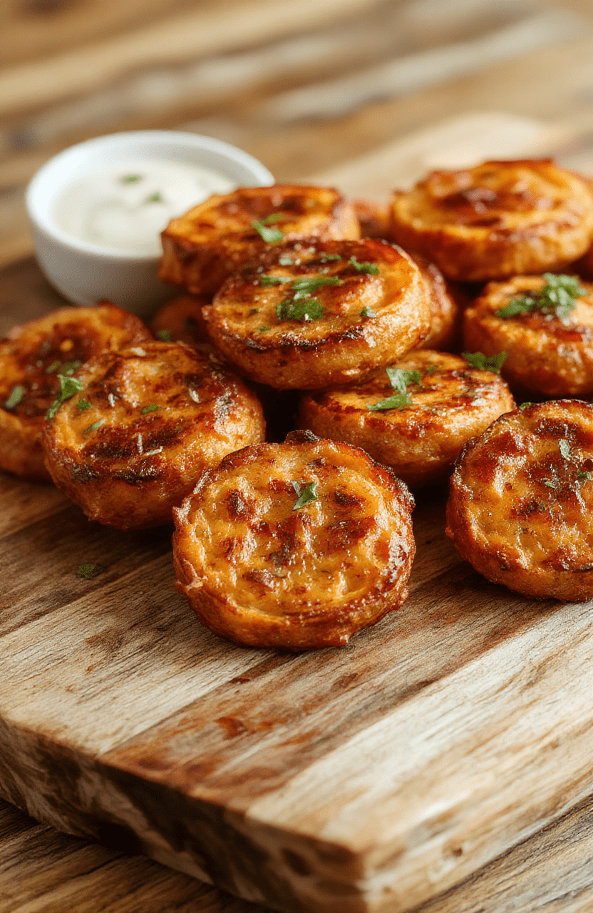 Colorful sweet potato rounds arranged on a rustic wooden platter, topped with green herbs and spices, crispy edges with tender centers, vibrant orange and green hues, styled with minimalistic garnishes.