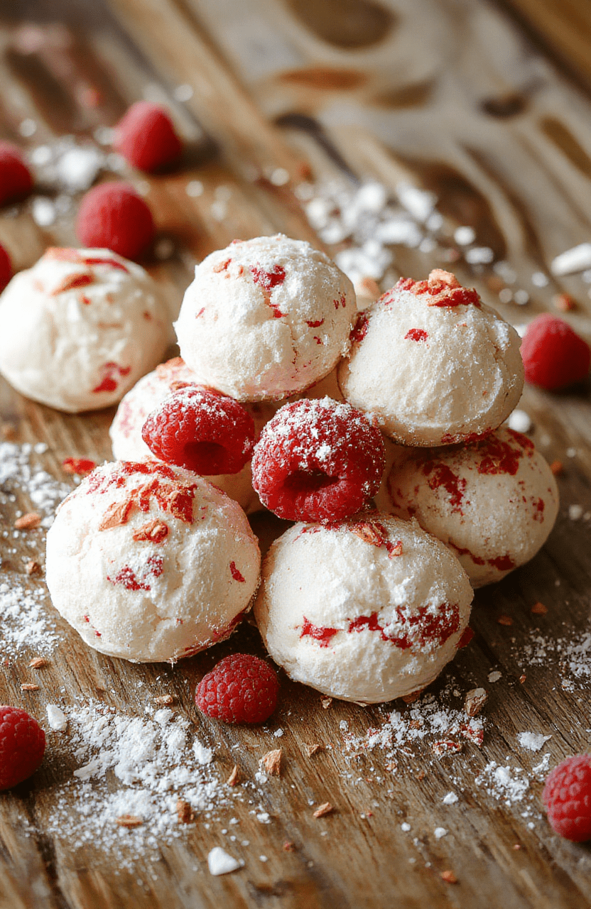 A close-up of festive raspberry snowballs arranged on a white plate, coated in powdered sugar with vibrant red raspberries peeking through, styled with holiday-themed decorations in the background.