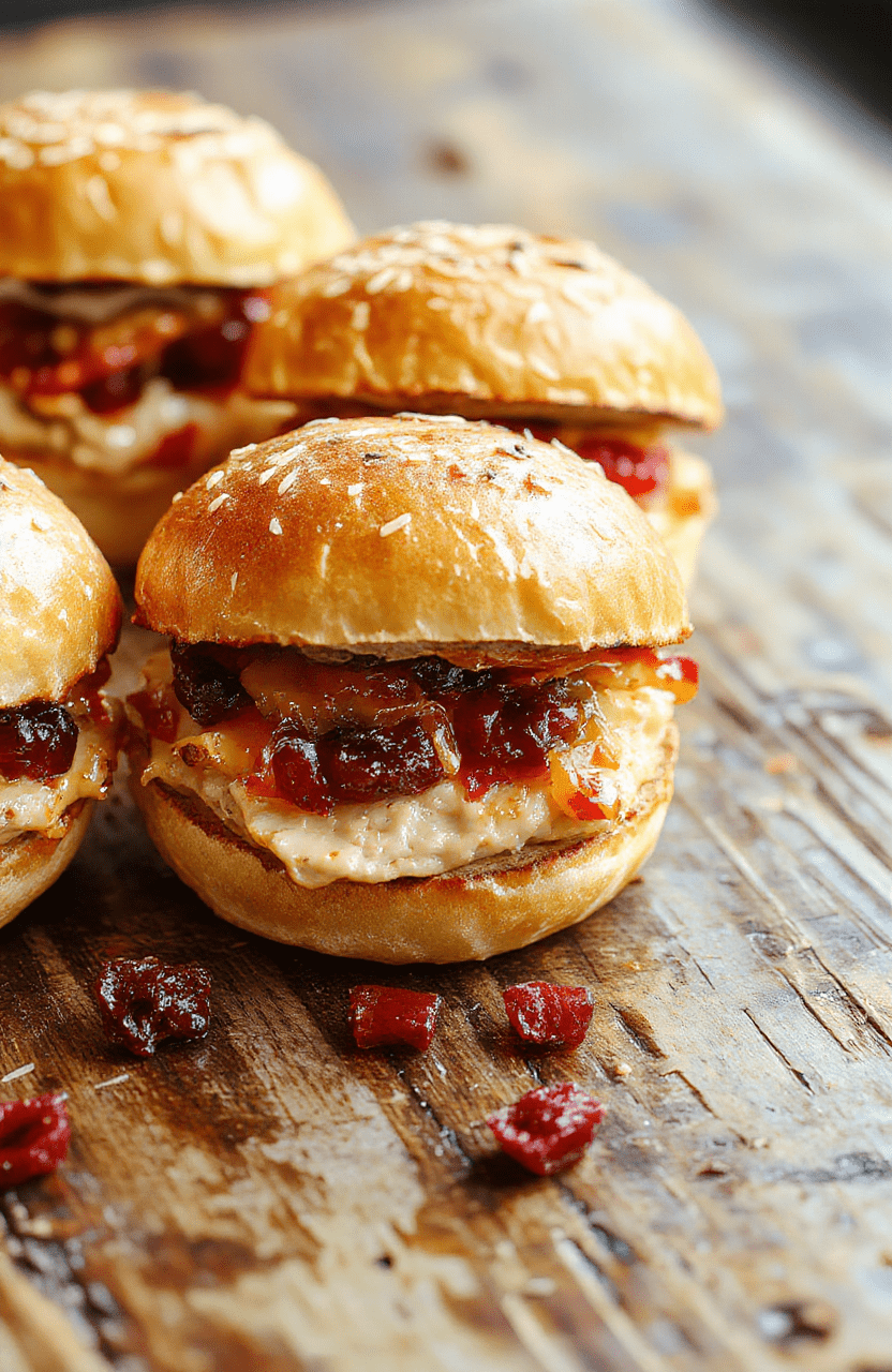 Colorful turkey cranberry sliders arranged on a white platter, with toasted buns, fresh cranberry sauce, crisp greens, and sliced turkey, styled with holiday decorations and soft natural light highlighting textures and vibrant colors.