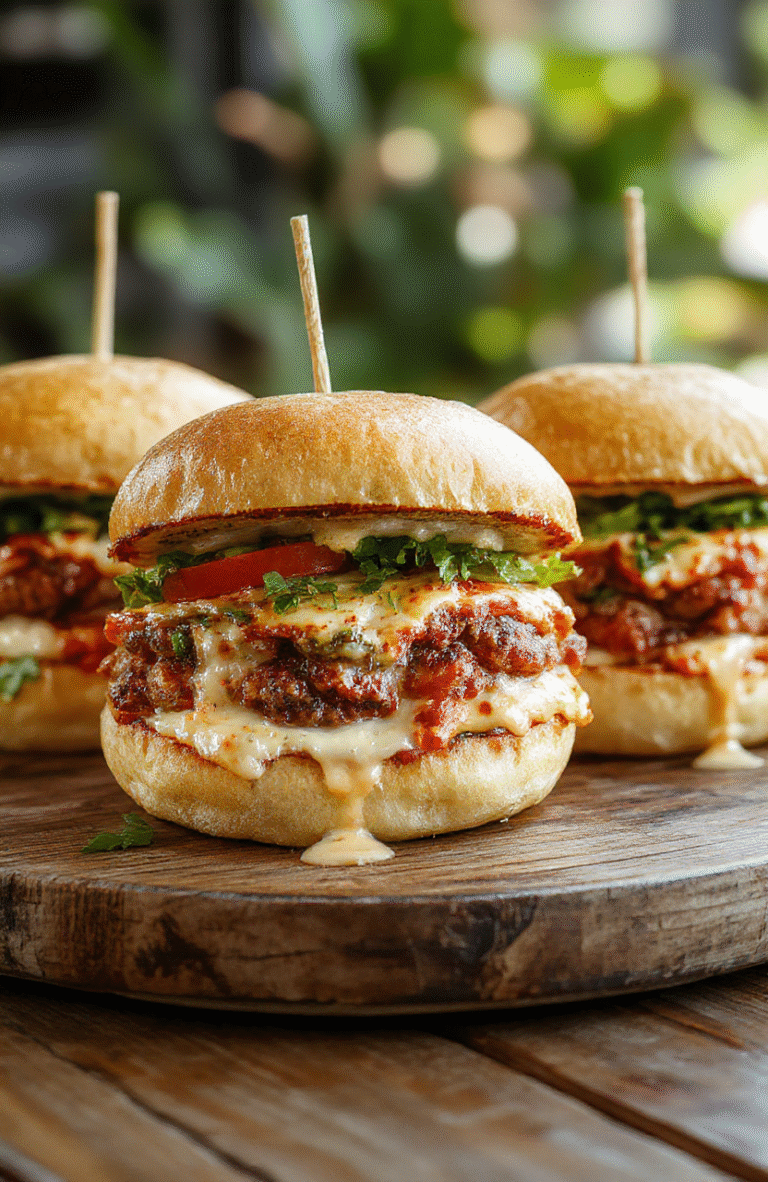 A close-up of a juicy pizza burger topped with melted cheese, fresh tomato slices, crisp lettuce, and a sprinkle of herbs on a rustic wooden plate, with a crispy bun and gooey melted cheese visible, colorful and appetizing.
