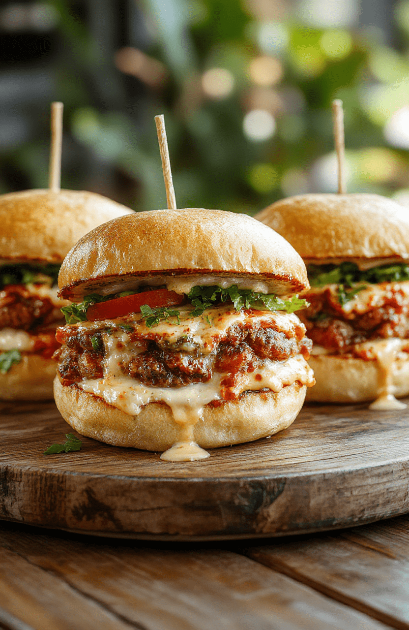 A close-up of a juicy pizza burger topped with melted cheese, fresh tomato slices, crisp lettuce, and a sprinkle of herbs on a rustic wooden plate, with a crispy bun and gooey melted cheese visible, colorful and appetizing.
