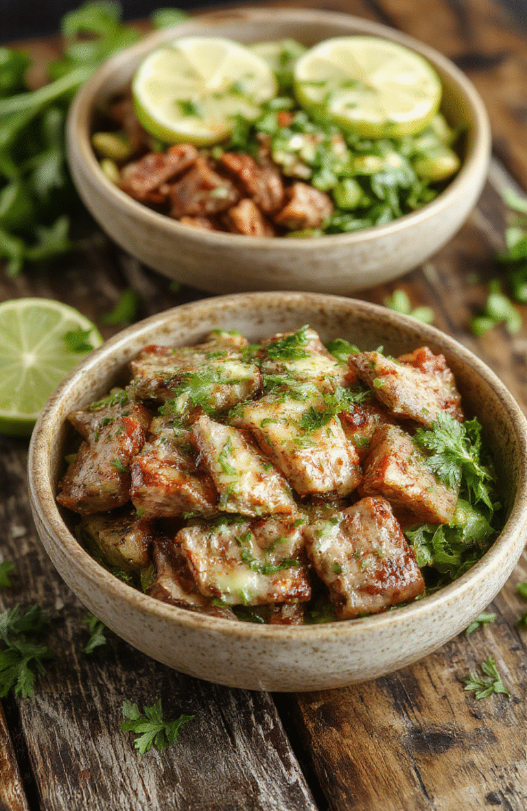 Colorful Cilantro Lime Steak Bowls plated on a rustic wooden surface, featuring juicy grilled steak slices atop fresh cilantro and lime wedges, vibrant green herbs, and seasoned rice with a glossy finish, styled casually with a fresh and appetizing look.