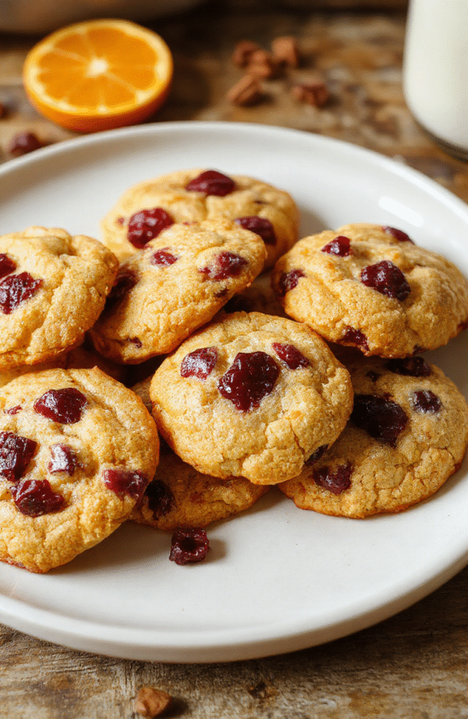 Bright orange and deep red cranberries embedded in golden, textured cookies, topped with a light glaze. The cookies are artfully arranged on a rustic white plate with a hint of zest and cranberries visible, styled with a festive holiday background.