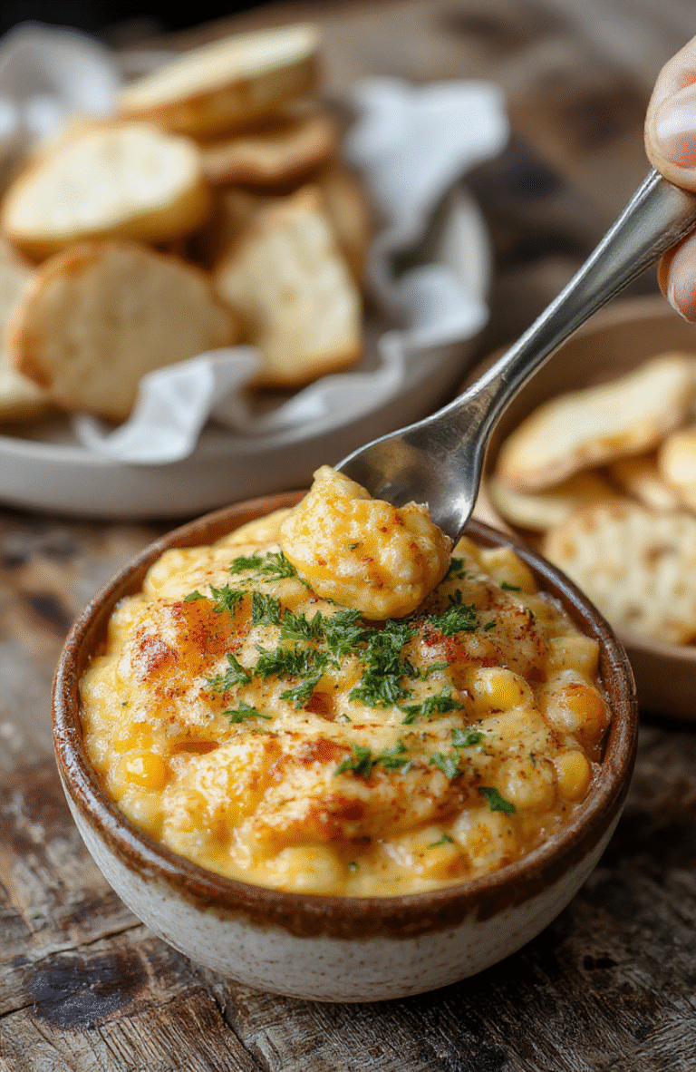 A vibrant bowl of hot crack corn dip featuring golden crispy corn, melted cheese, and spicy seasoning, garnished with fresh herbs, served in a rustic dish with a colorful background.