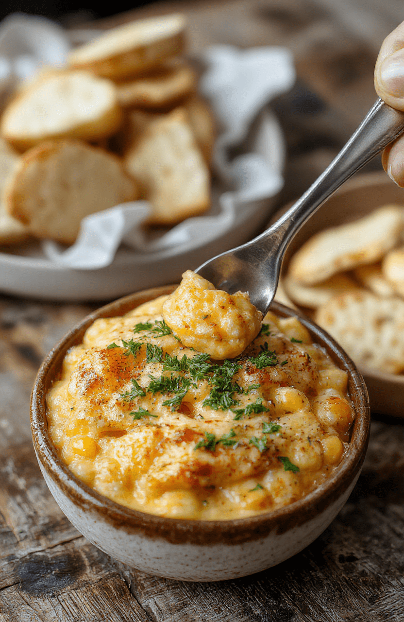 A vibrant bowl of hot crack corn dip featuring golden crispy corn, melted cheese, and spicy seasoning, garnished with fresh herbs, served in a rustic dish with a colorful background.