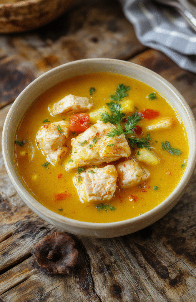 A vibrant bowl of golden turmeric chicken soup garnished with fresh herbs, showcasing tender chicken, bright turmeric broth, and colorful vegetables, styled on a rustic wooden table with a neutral background.