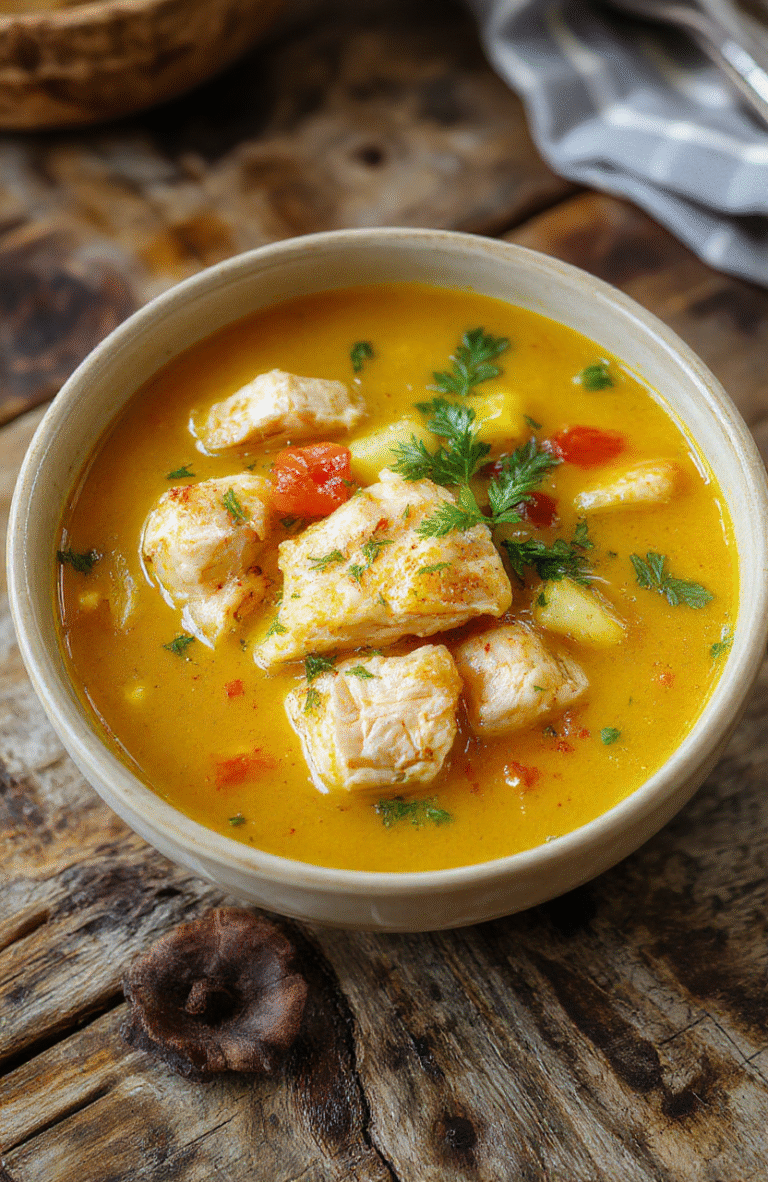 A vibrant bowl of golden turmeric chicken soup garnished with fresh herbs, showcasing tender chicken, bright turmeric broth, and colorful vegetables, styled on a rustic wooden table with a neutral background.