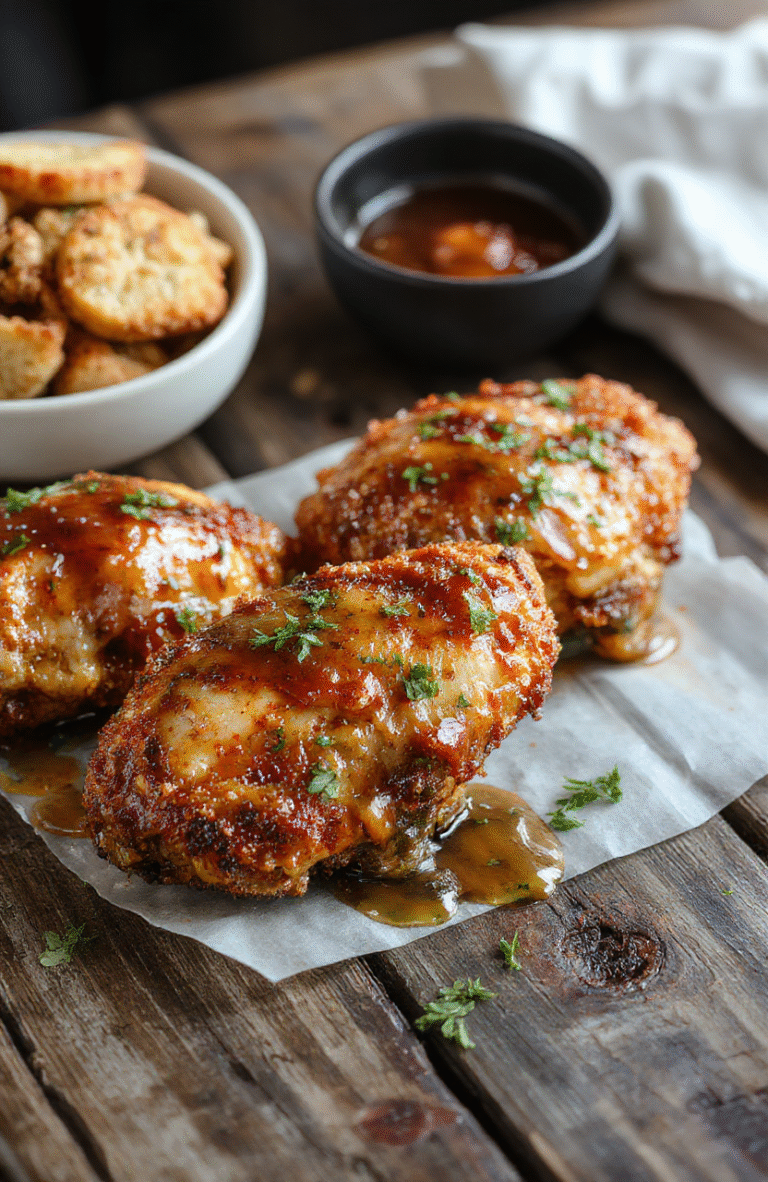 A golden-brown baked chicken fillet topped with a glossy, spicy honey glaze, garnished with sesame seeds and chopped green onions, on a rustic wooden platter with a sprinkle of crushed red pepper flakes.